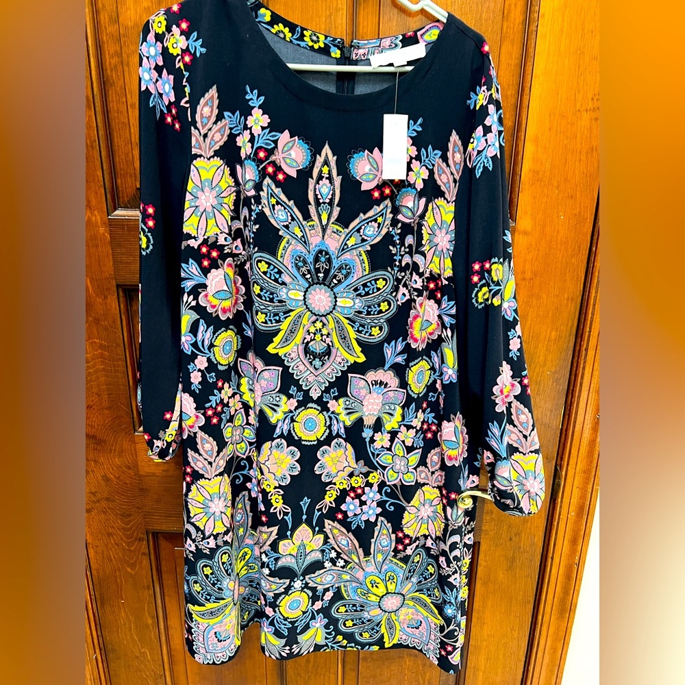 Ann Taylor Loft Shift dress Black with floral designs long sleeve
